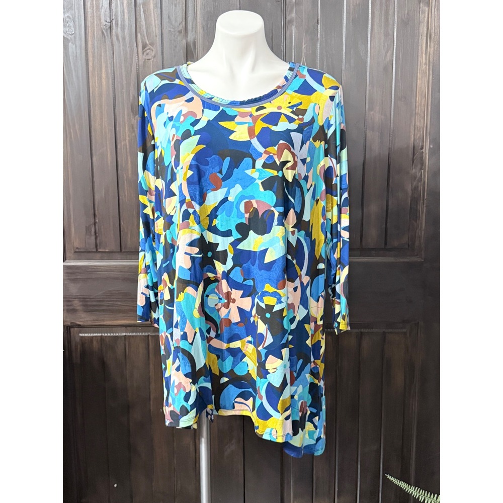LOGO Lori Goldstein Abstract Floral Tunic Top 2X Plus Size Long Sleeve